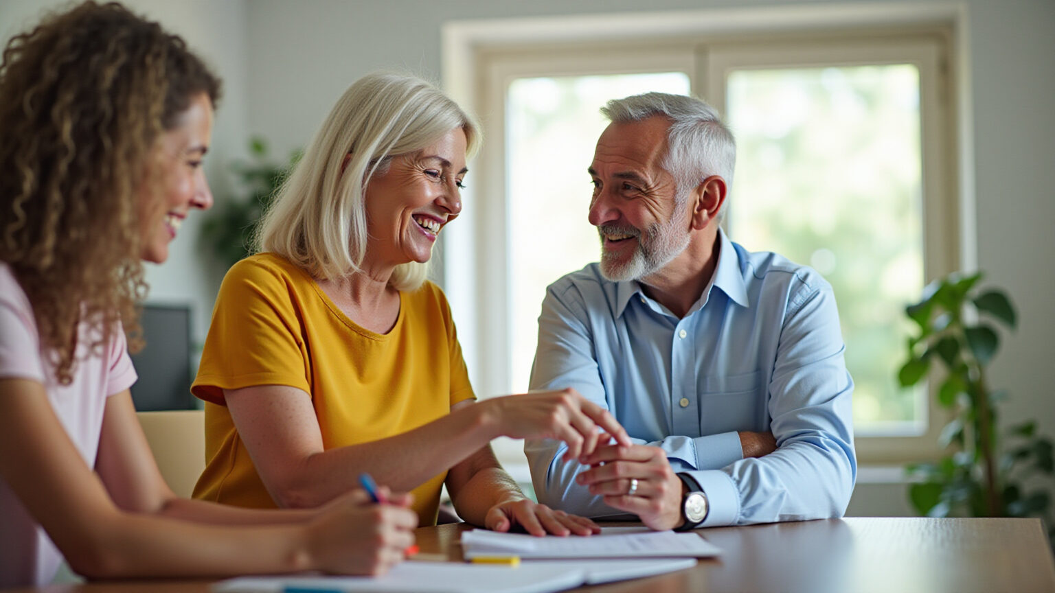 Casal idoso sorrindo discutindo plano de saúde medsênior.