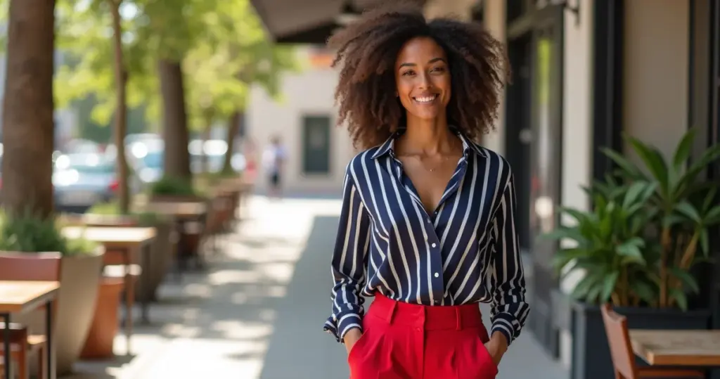 9 Ideias Práticas de Como Usar Calça Vermelha com Blusa Listrada Estilo Navy