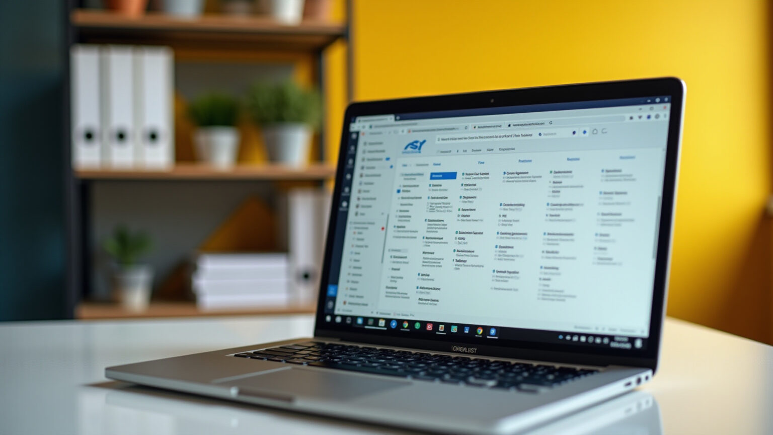Checklist pós-publicação em tela de laptop com fundo de escritório brasileiro.