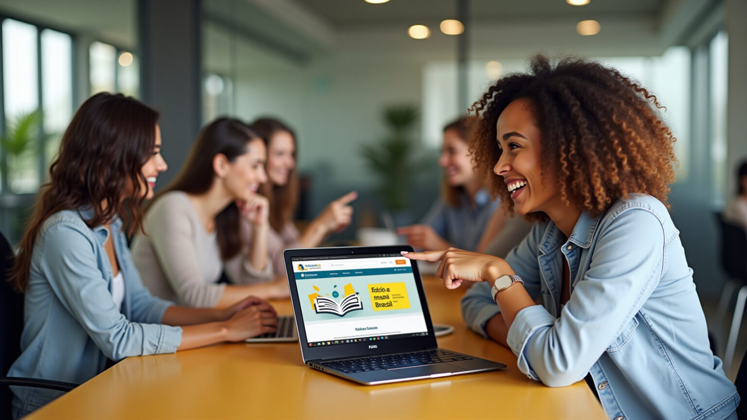 Mulher sorrindo aponta para site Educa Mais Brasil em coworking.