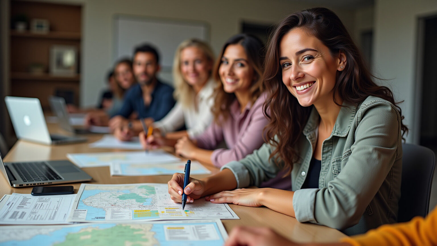 Equipe planejando cobertura de evento regional com mapas e equipamentos.