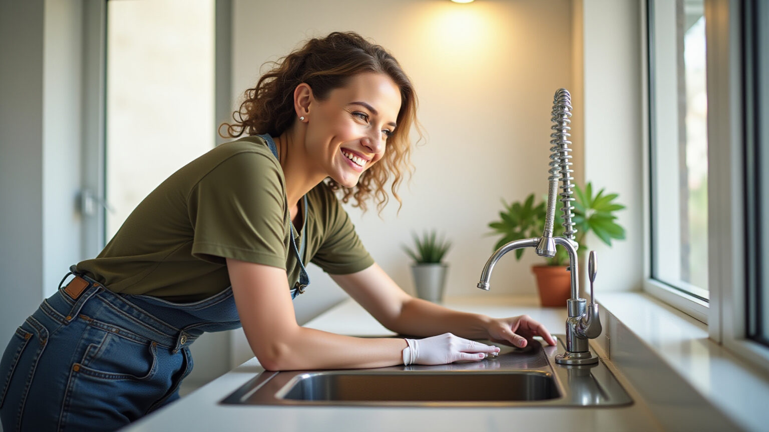 Mulher trocando sifão da pia em Osasco, economizando com reparos.