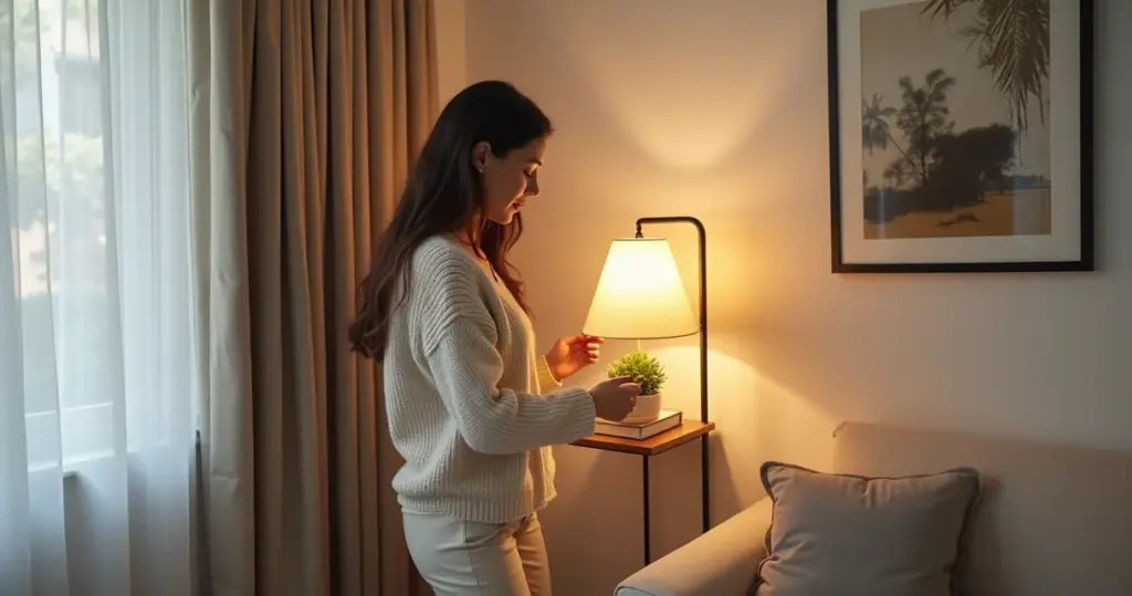Abajur de canto com prateleira: o truque que salva sua sala pequena