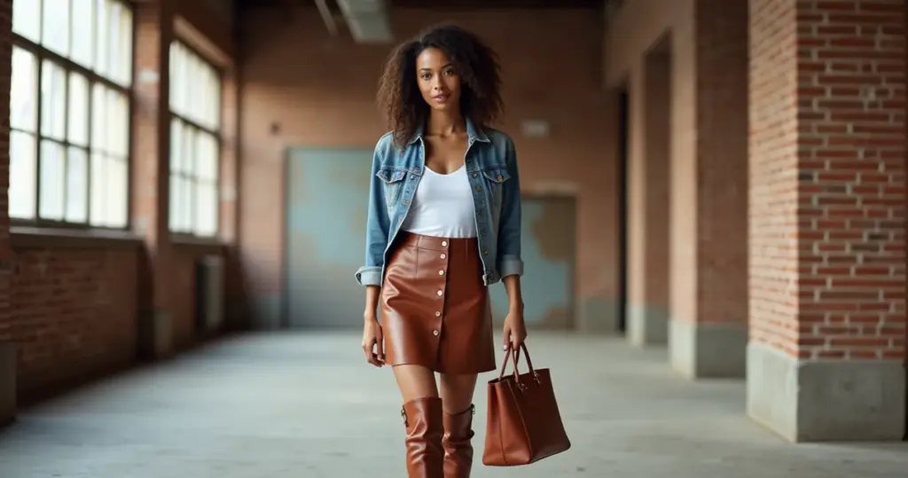 12 Ideias Práticas para Combinar Saia de Couro Marrom com Bota Cano Alto