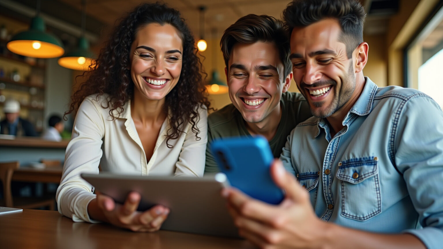 Amigos analisando palpites esportivos em apps no Brasil.