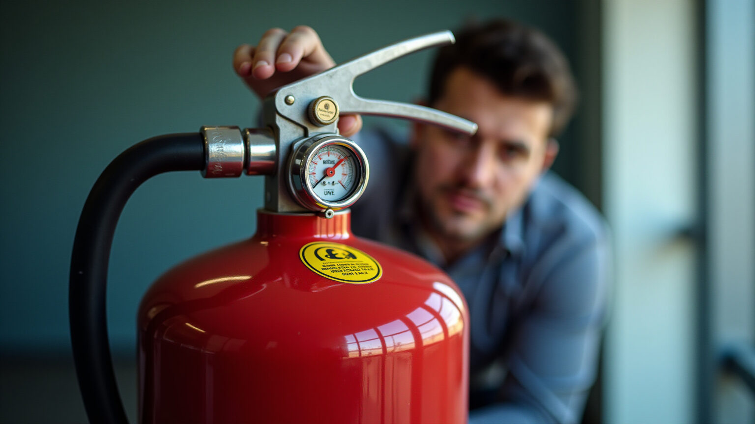 Como Identificar se Seu Extintor Venceu e Onde Fazer a Recarga em SP Homem inspecionando extintor de incêndio em SP, verificando validade.