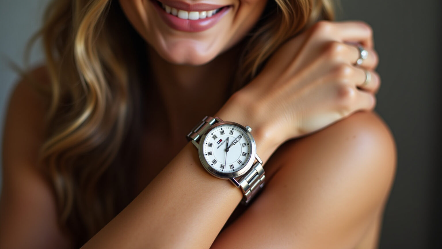 Como escolher um relógio tommy prata ideal para qualquer ocasião Mulher sorrindo usando relógio Tommy Hilfiger prata.