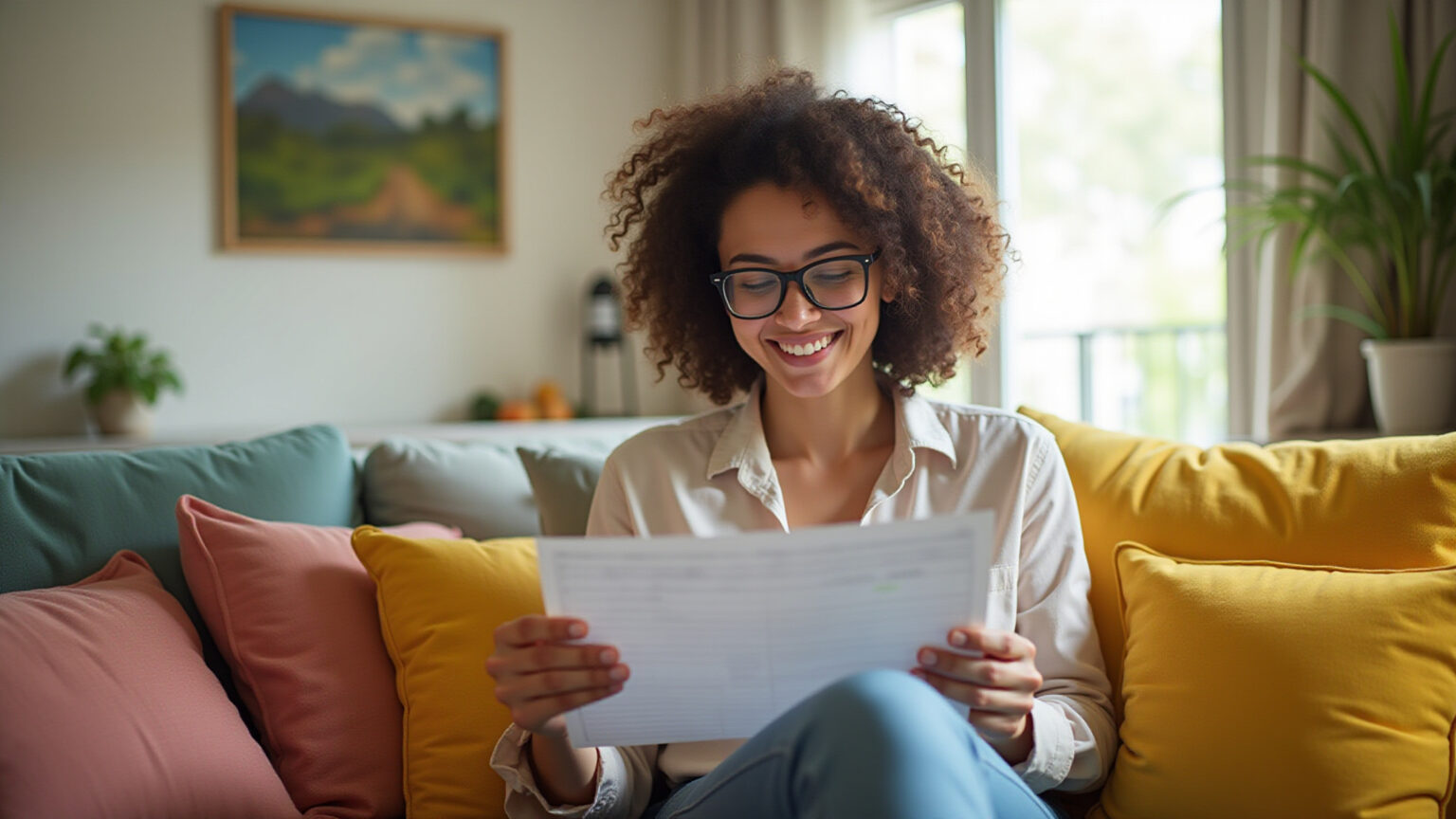 Como reduzir a correria com ajustes simples Mulher sorrindo organiza agenda em apartamento brasileiro.