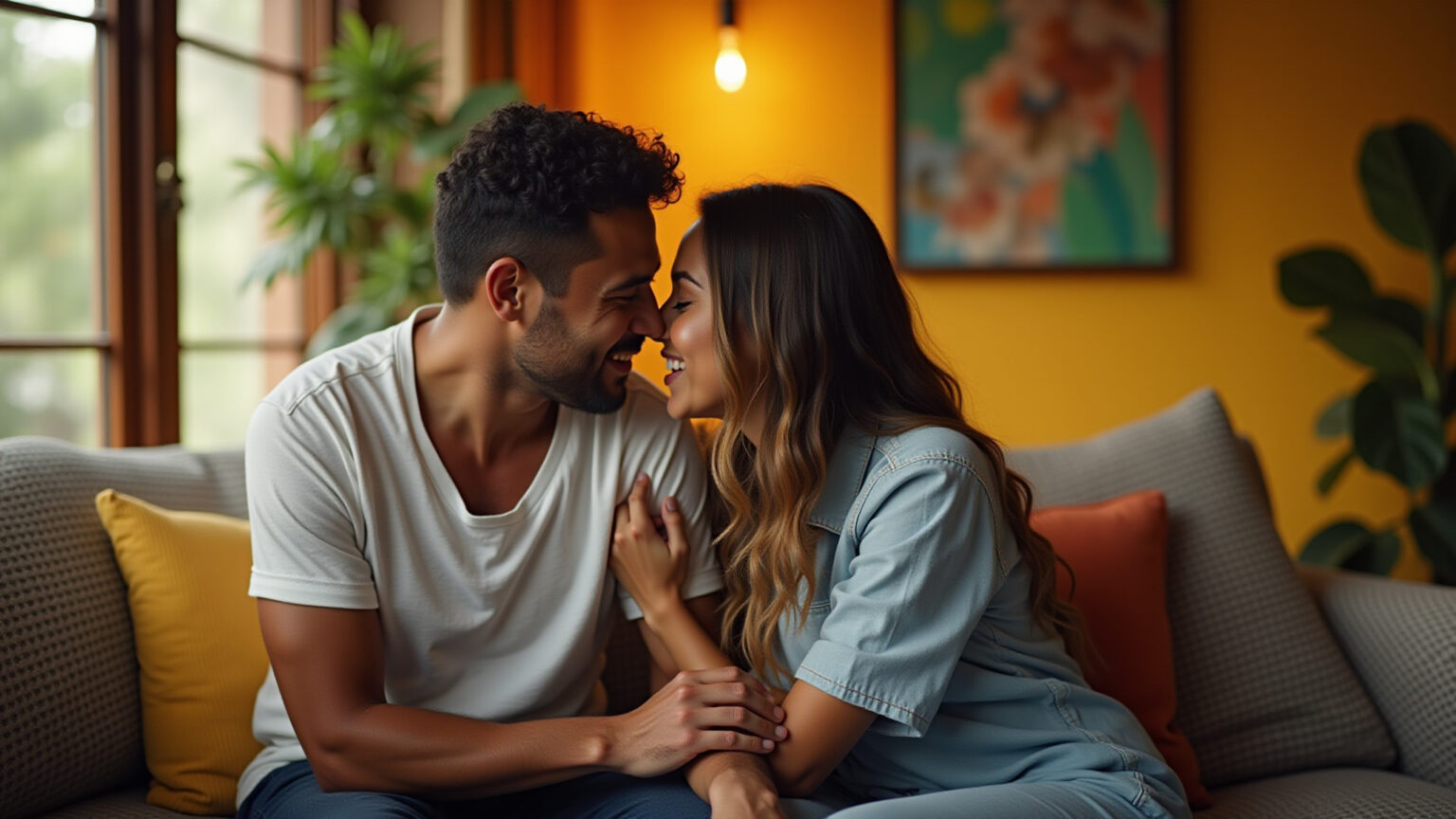 Casal brasileiro diverso em momento de reaproximação em sala decorada com estilo brasileiro.