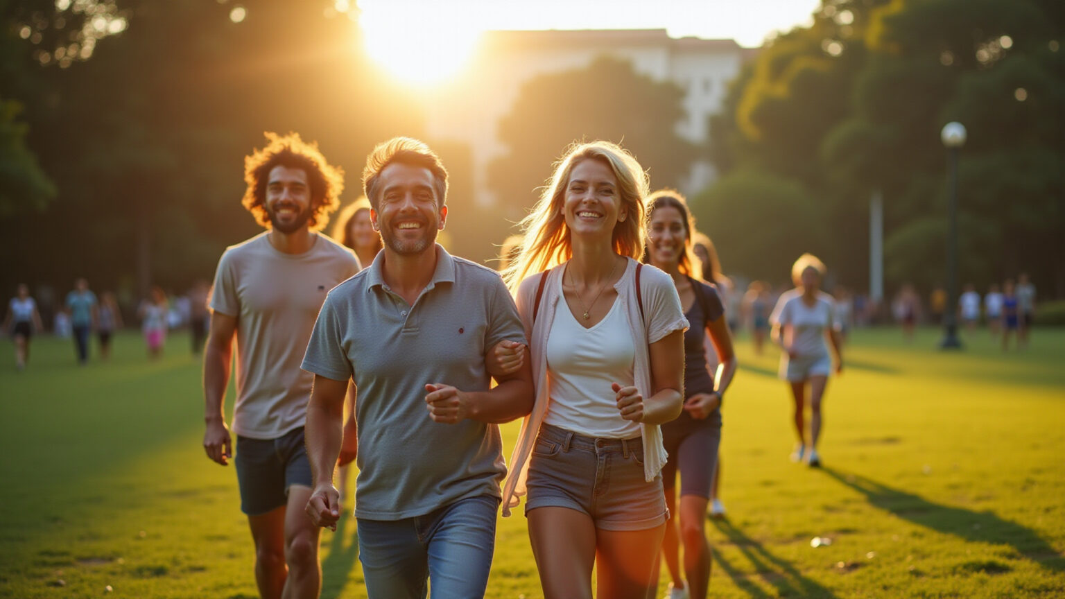 Grupo de brasileiros sorrindo e explorando um parque verde em Curitiba.