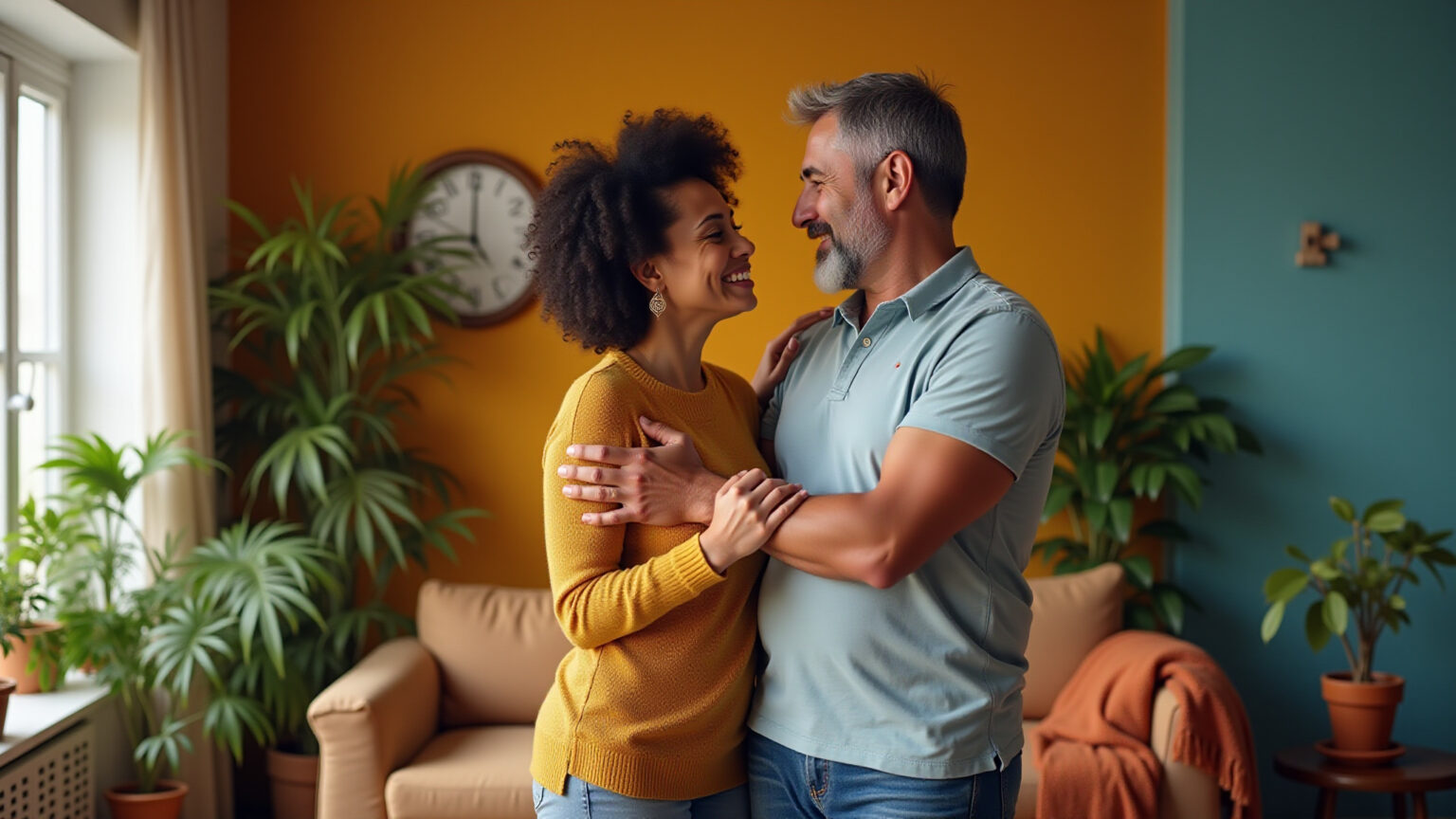 Casal brasileiro em sala aconchegante após conversa, com expressões de compreensão.