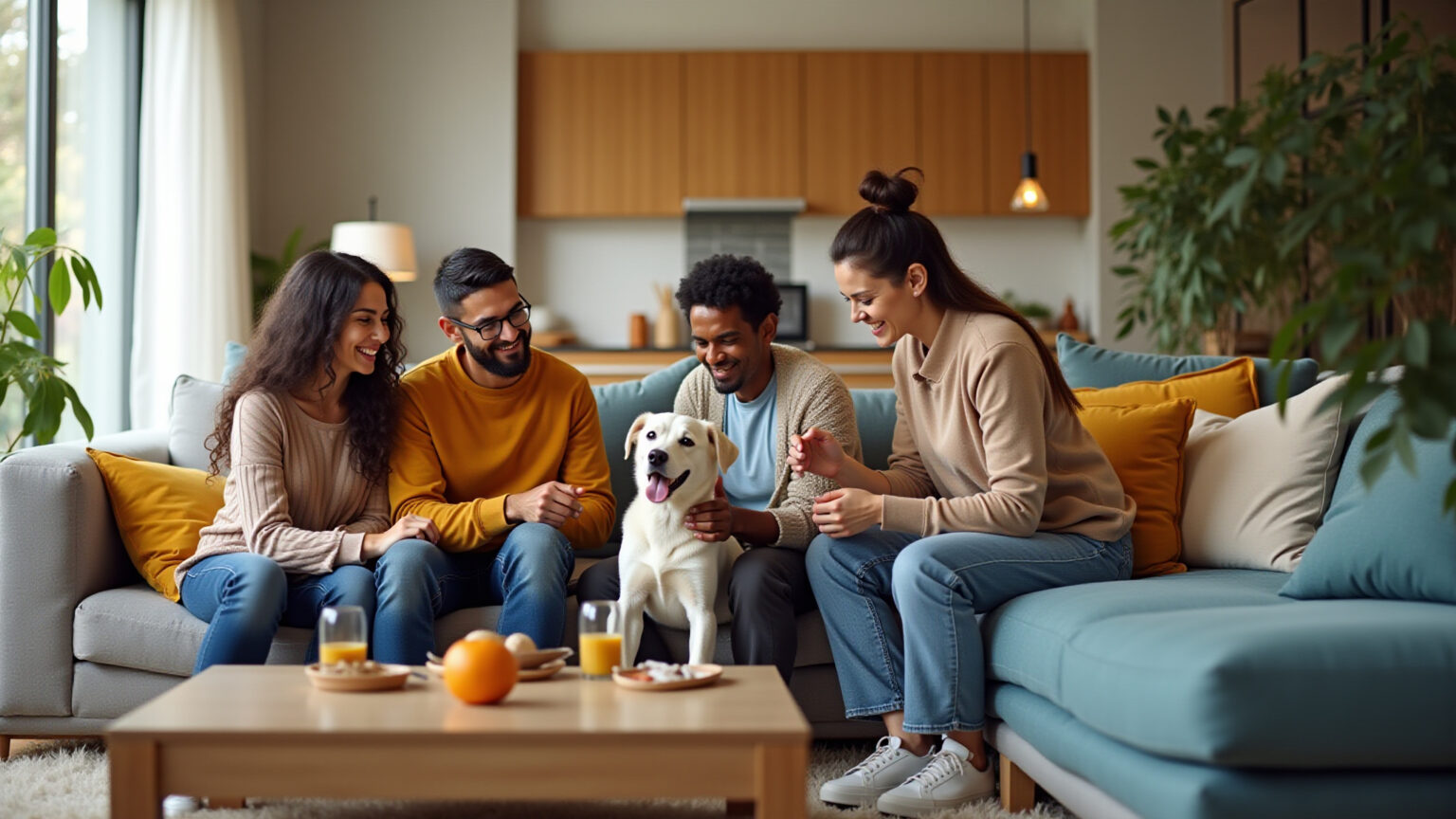 Sala moderna e pet-friendly com adultos e pets em um lar brasileiro vibrante.