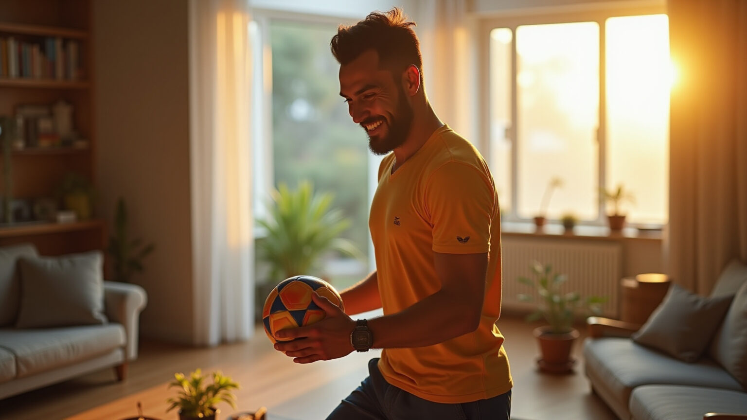 Homem brasileiro treinando futebol em casa com bola e decoração vibrante.