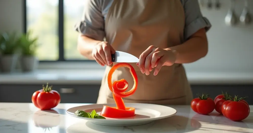 Flor de tomate com casca longa: decore pratos como chef em 15 min Flor de tomate com casca longa: decore pratos como chef em 15 min
