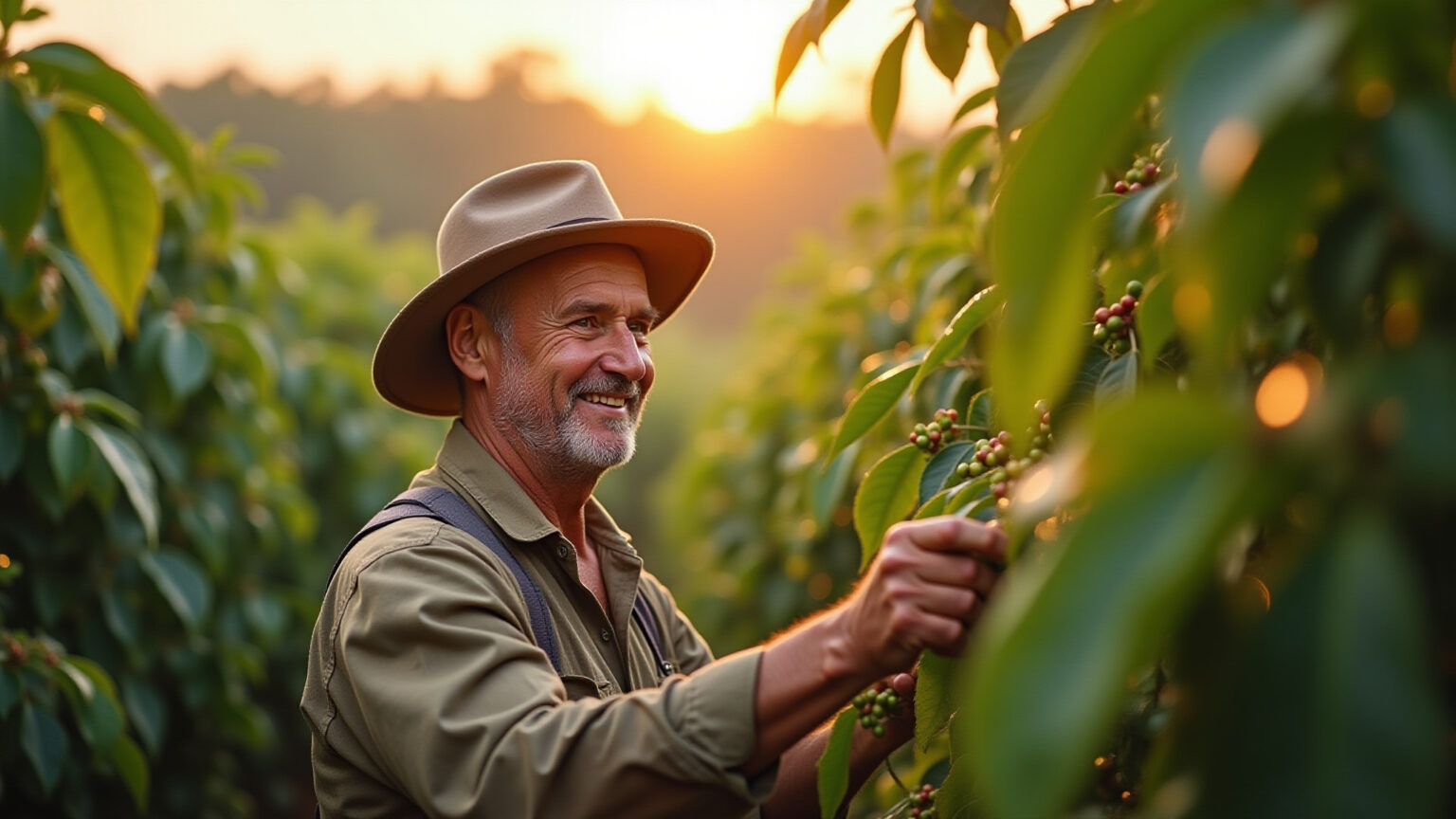 Produtor rural brasileiro inspeciona cafezal saudável, sorrindo.