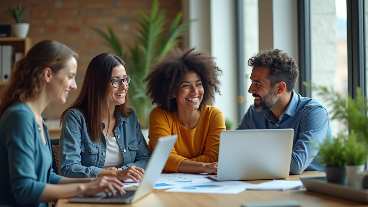 Melhores CRMs B2B 2026: Qual é o Melhor Para Você? (Veredito) Equipe brasileira diversificada colaborando em um escritório moderno, discutindo estratégias de vendas B2B.