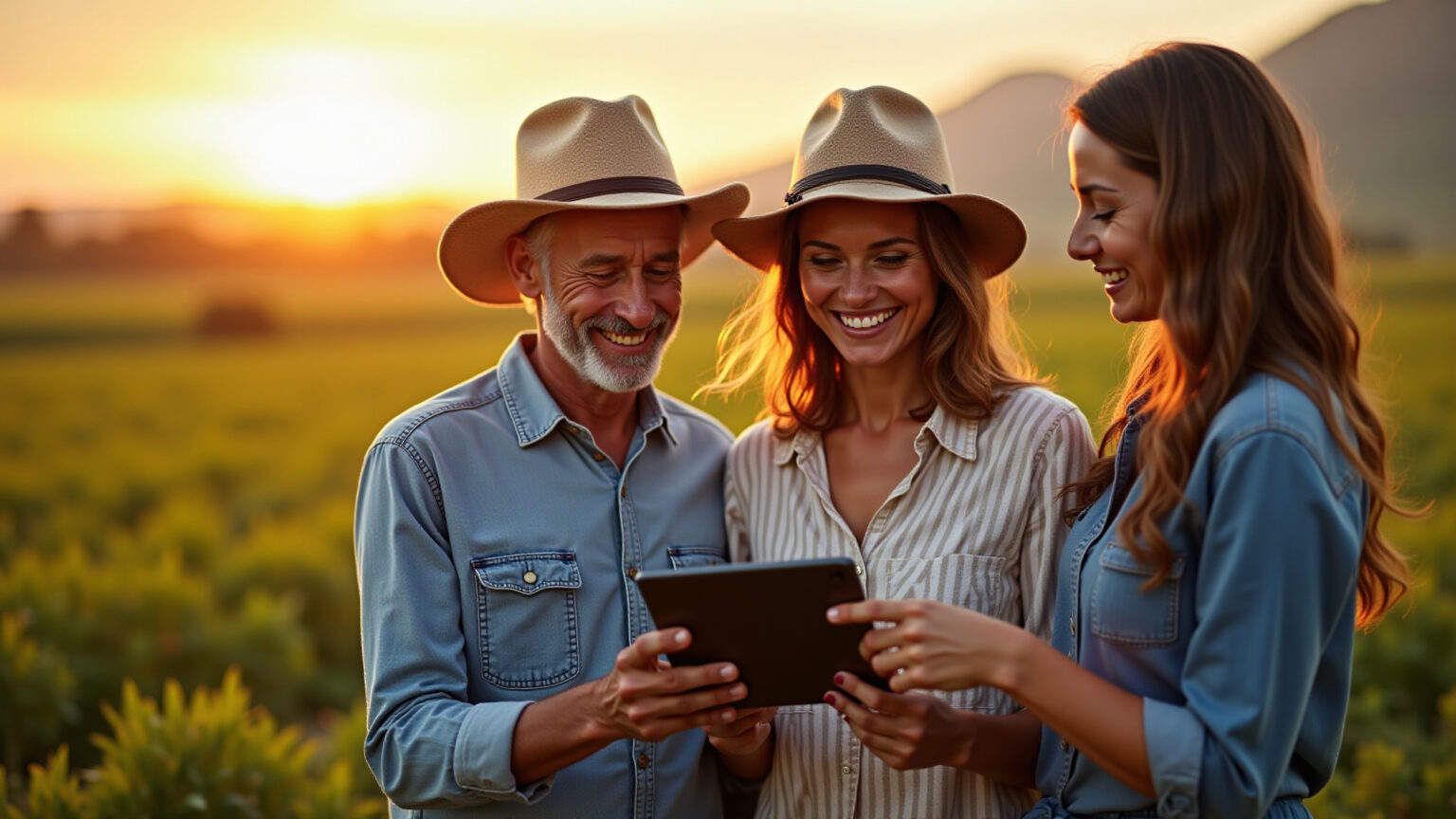 Produtores rurais e profissionais do agronegócio assinando contratos digitais em um tablet.