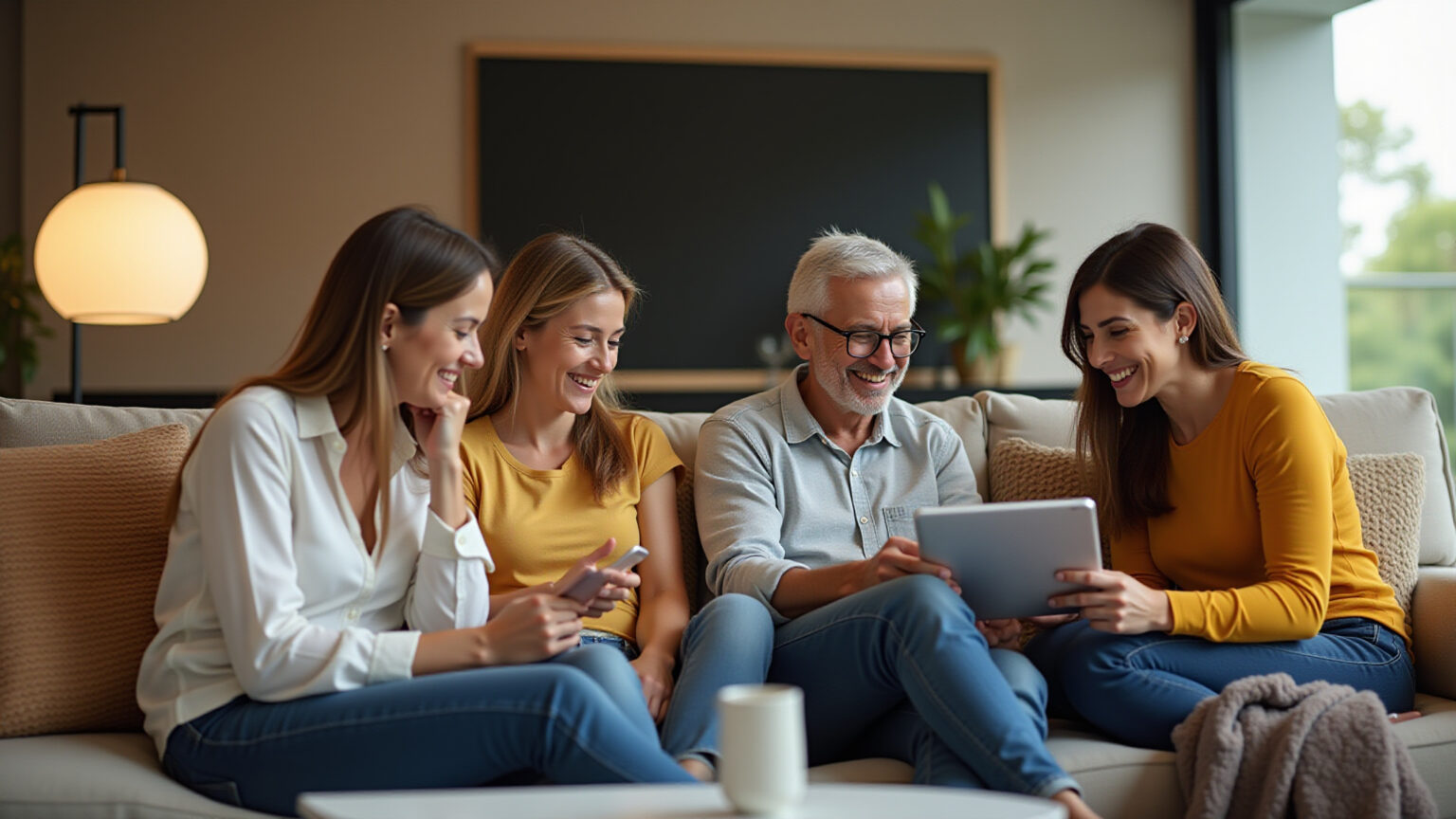 Sala de estar moderna com móveis estilosos e decoração vibrante, com pessoas sorrindo.