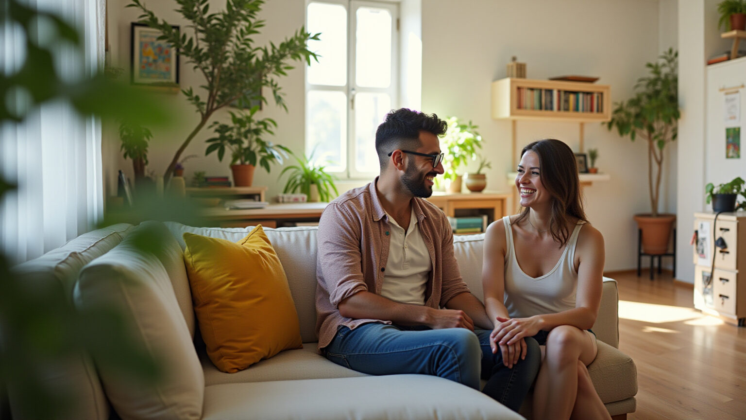 Casal feliz em apartamento pequeno e bem organizado em Montes Claros.