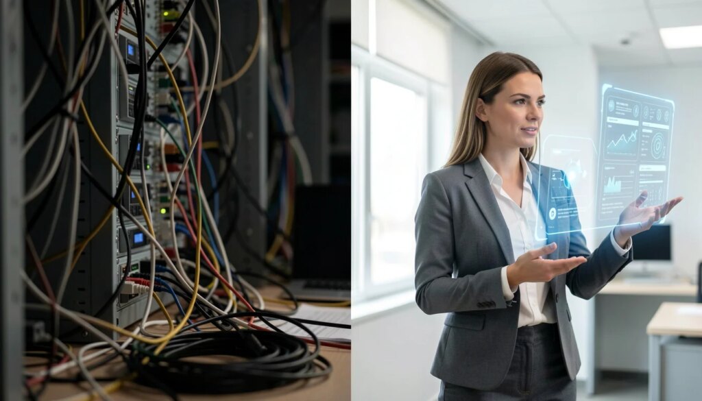 Mulher profissional de tecnologia apontando para interface holográfica brilhante em contraste com lado escuro e confuso.