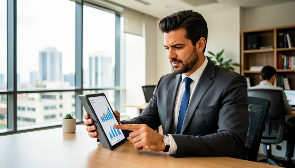 PNCP Contratos Revelam Onde Estão as Próximas Oportunidades para Empresários Brasileiros Empresário analisando dados de contratos públicos em tablet, escritório moderno.