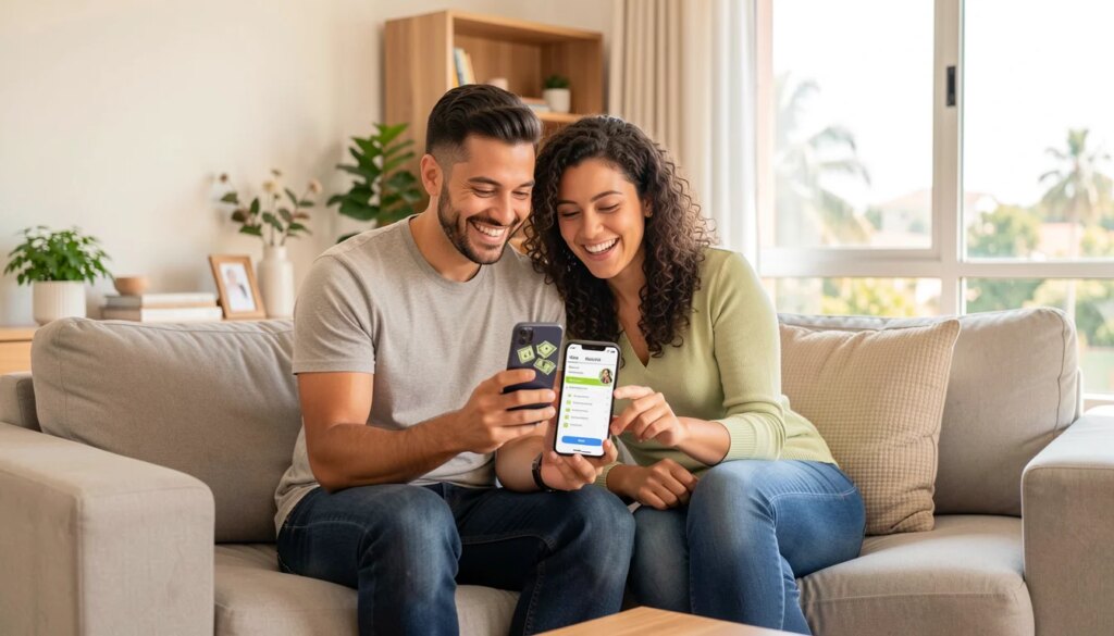 Lista de casamento em dinheiro: descubra como fazer Casal feliz no sofá usando celular para ver lista de casamento em dinheiro