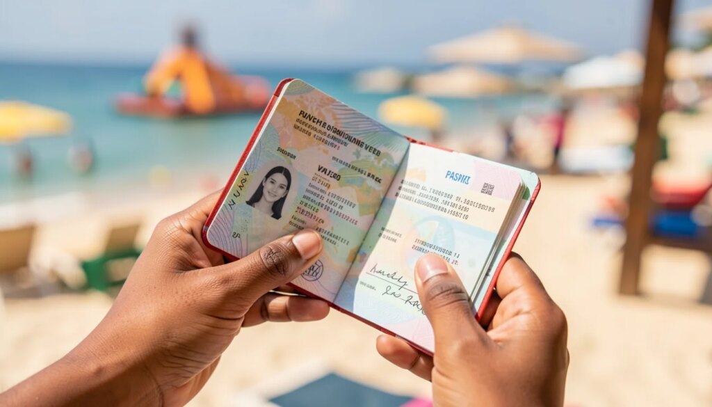 Mão segurando passaporte aberto com visto americano, fundo desfocado de viagem.