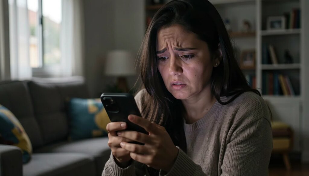 Você realmente precisa de antivírus pago no iPhone? Mulher preocupada olhando para o iPhone em ambiente doméstico, demonstrando preocupação com segurança digital.