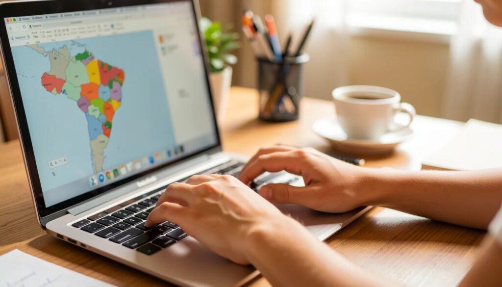 Pesquisa de mercado por estado: como encontrar empresas de qualquer região do Brasil Mãos digitando em notebook com mapa do Brasil na tela, pesquisa de empresas por estado.