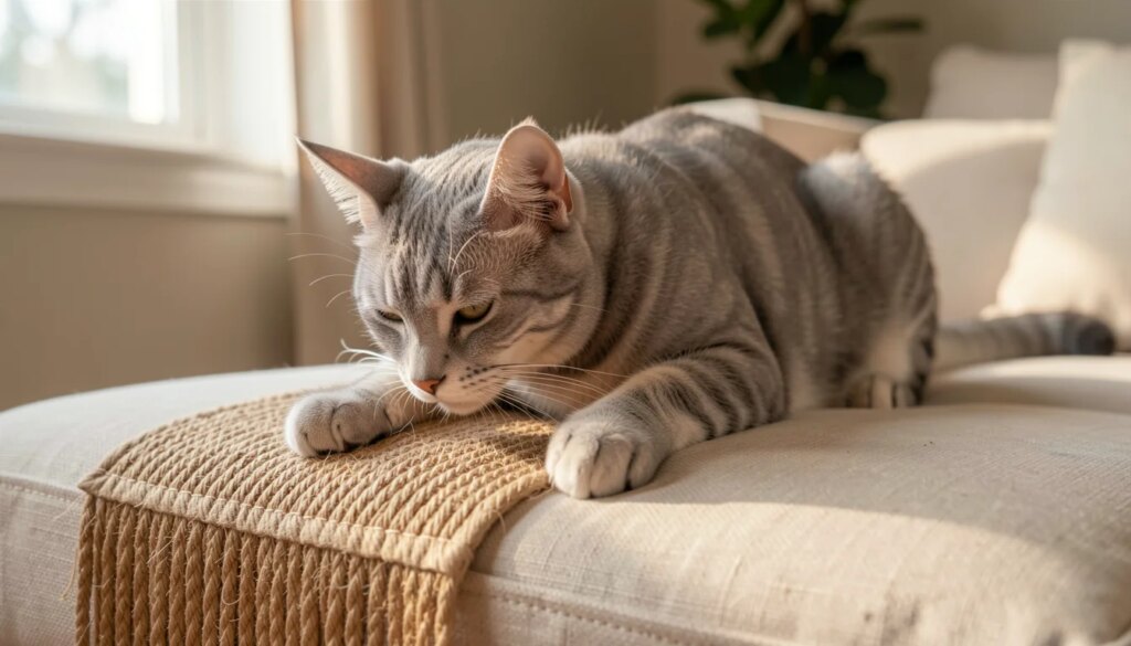 Qual é o melhor tipo de arranhador de sofá para gatos? Gato cinza arranhando protetor de sisal no sofá bege, close detalhado das garras e textura do sisal.