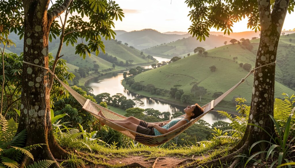Viagens curtas perto de São Paulo: o guia definitivo para quem precisa desconectar da capital Paisagem verdejante perto de São Paulo com pessoa descansando em rede, luz dourada do entardecer.