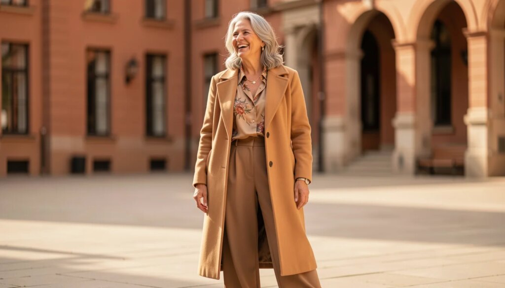 Moda e Autoestima na Maturidade: Tendências 2026 que Celebram Quem Você É Mulher madura elegante em casaco marrom e calça de alfaiataria, sorrindo confiante em praça ensolarada