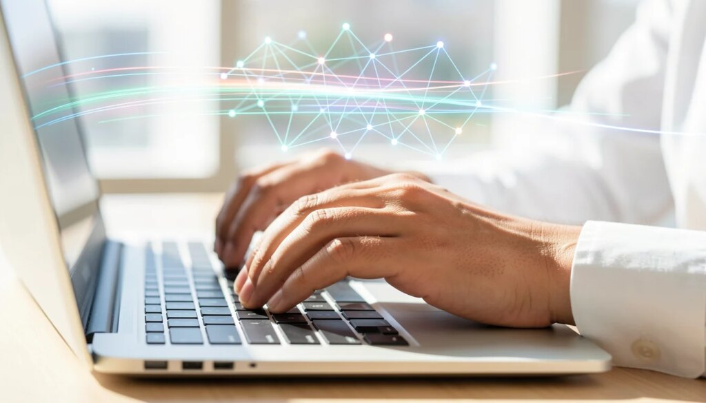 Webhooks e automação: como eventos em tempo real conectam sistemas e aceleram decisões Mãos digitando em notebook com conexões digitais sobrepostas representando webhooks