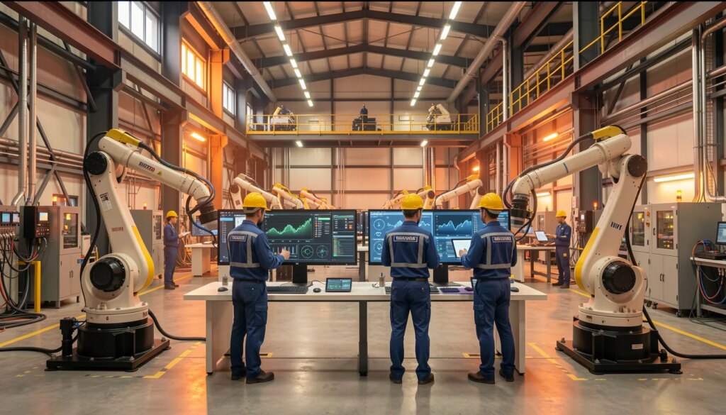 5 sinais de que sua Fábrica está pronta para Automatizar Fábrica moderna com braços robóticos e engenheiros monitorando dados em tempo real.