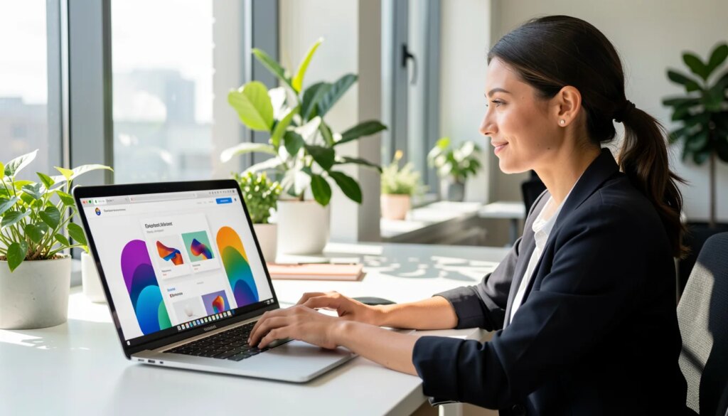 Melhores empresas para fazer sites em 2026 Mulher desenvolvedora web em escritório moderno com laptop mostrando design de site.