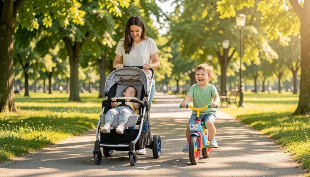 Comparação entre carrinho de bebê e triciclo infantil em um parque ensolarado.