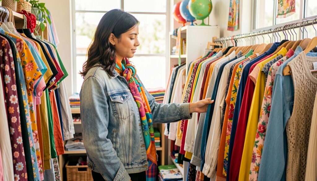 Mulher jovem em brechó, escolhendo roupas de segunda mão com estilo sustentável.