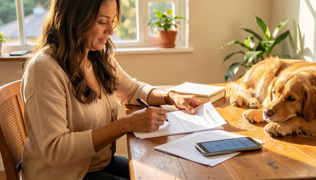 Mulher organizando anotações de consultas em agenda, com cachorro ao lado em ambiente iluminado