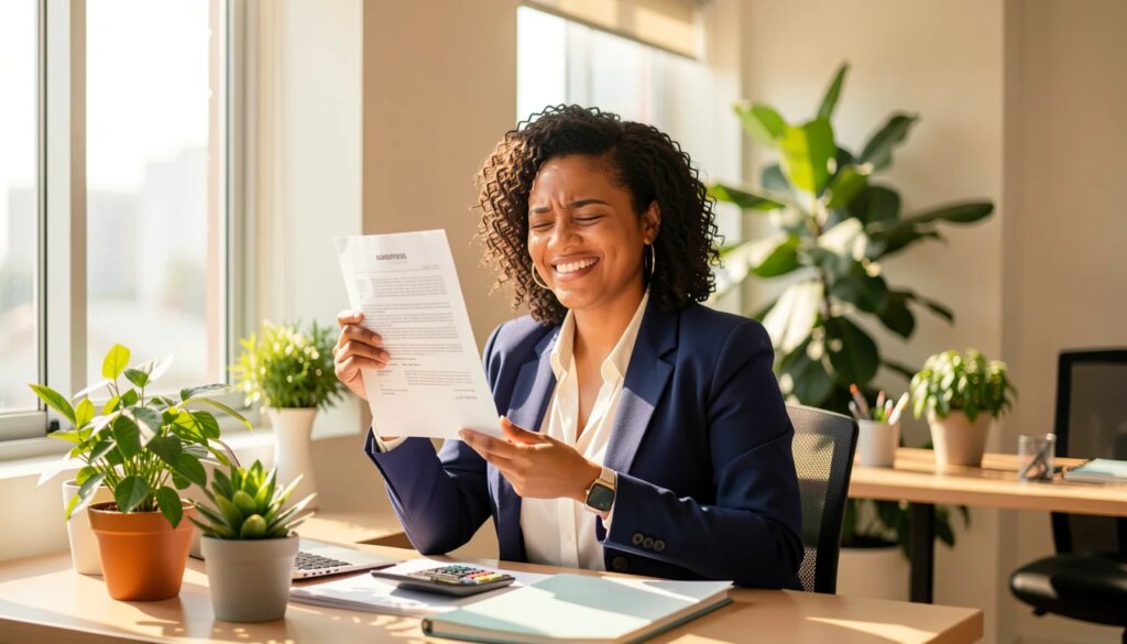 Enquadramento Tributário no Simples Nacional: Impostos Substituídos Empresária brasileira sorridente segurando documento tributário e calculadora em escritório moderno.