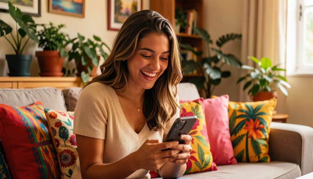 Mulher sorridente olhando para o celular em sala colorida, demonstrando alegria com mensagem personalizada.