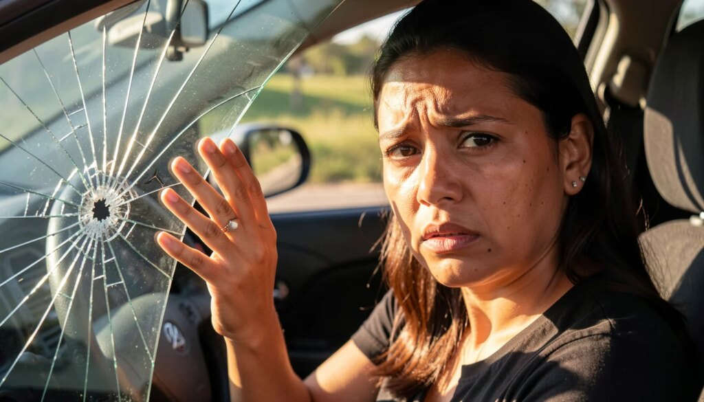 Para-brisa trincado: quando é possível reparar e quando é necessário trocar? Mulher motorista preocupada olhando para trinca no para-brisa do carro.