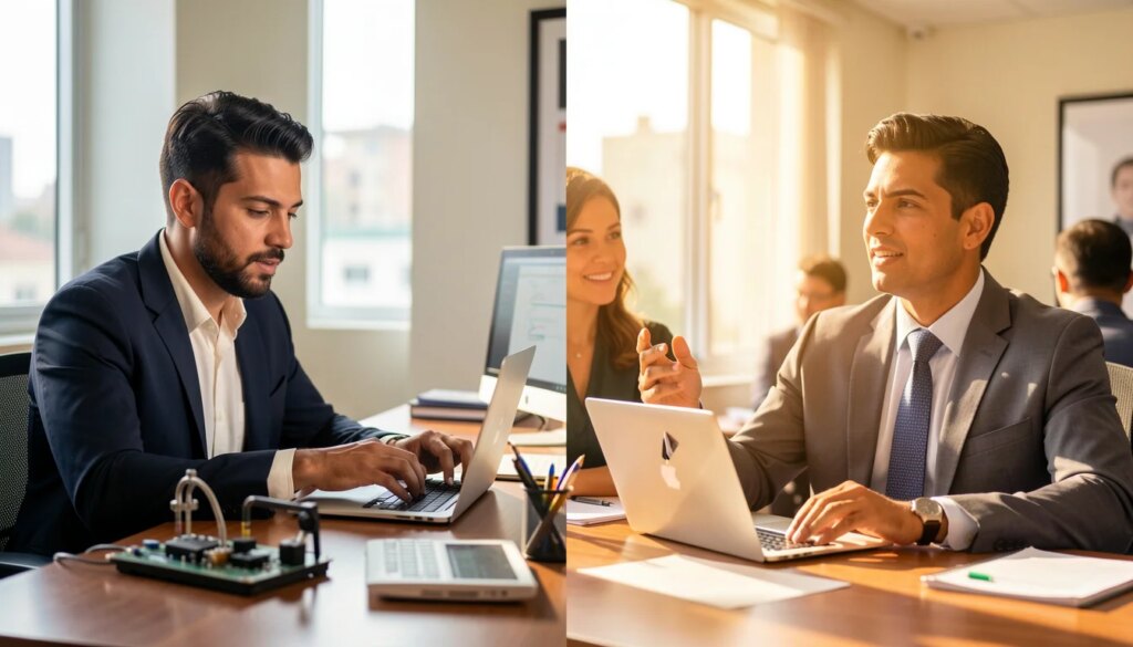 Profissional em dúvida entre especialização técnica e MBA, em composição comparativa lado a lado.