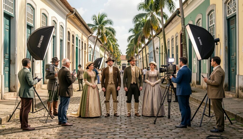 Por trás das câmeras: bastidores e desafios de um filme de época no Brasil Bastidores de filme de época no Brasil: equipe e figurinos em rua colonial