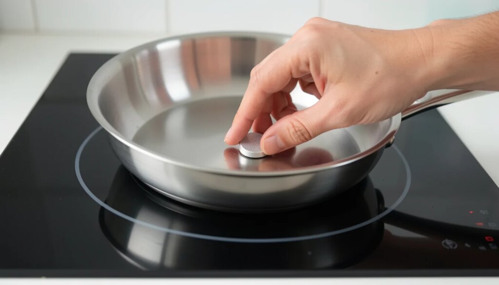 Por que a panela não esquenta no cooktop de indução? Como testar a compatibilidade do fundo Mão segurando ímã de geladeira no fundo de panela de aço sobre cooktop de indução para testar se funciona