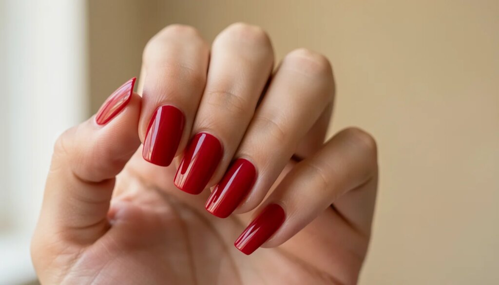 Unhas vermelhas: como escolher o tom certo para o seu tipo de pele Mão feminina com unhas vermelhas cereja brilhantes, cutículas naturais e acabamento de salão
