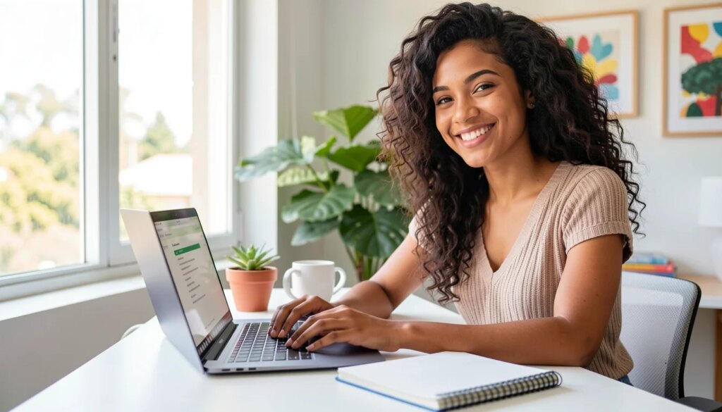 Escolas de ingles: como escolher a ideal para você Mulher jovem estudando inglês online com laptop e caderno, sorrindo em ambiente moderno