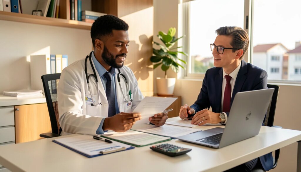 Contabilidade para médicos: o que você precisa saber Médico e contador analisando documentos financeiros em consultório moderno