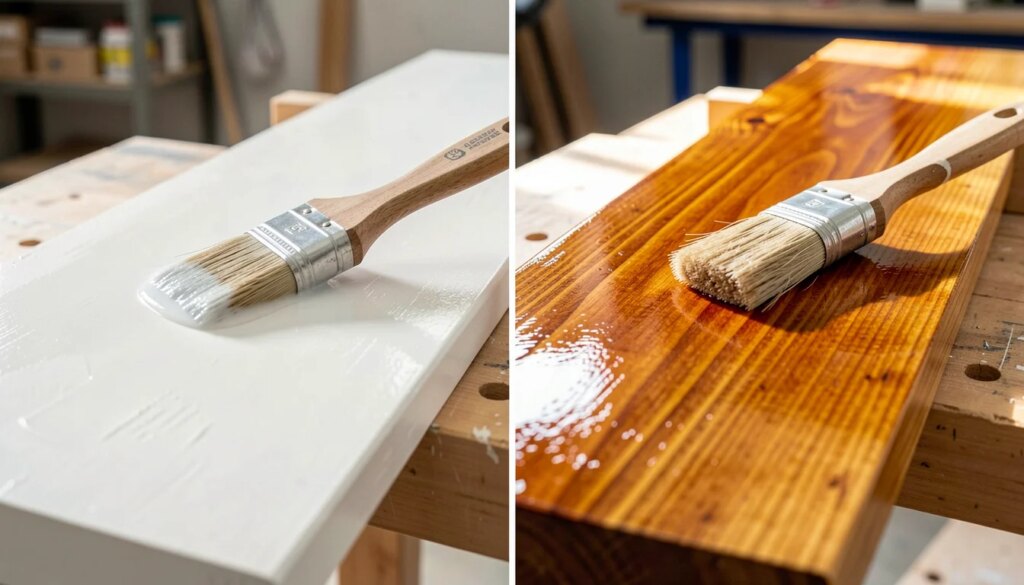 Tinta para madeira à base de água ou solvente: qual a opção ideal para o seu projeto? Comparação lado a lado de madeira com tinta à base de água fosca e tinta à base de solvente brilhante