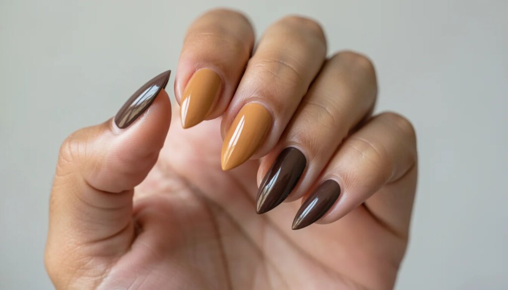 Unhas Pintadas de Marrom: Qual Tom Combina com o Seu Tom de Pele Mão com unhas amendoadas em tons de marrom caramelo e chocolate frio, acabamento cremoso e brilhante.