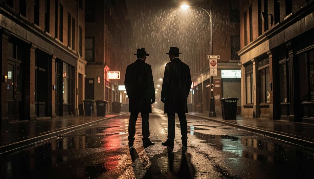 Dois detetives sob chuva em rua escura de cidade, atmosfera de suspense neo-noir.